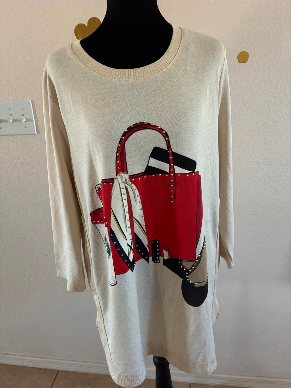 Beige Sweater Tunic with Red Handbag Graphic